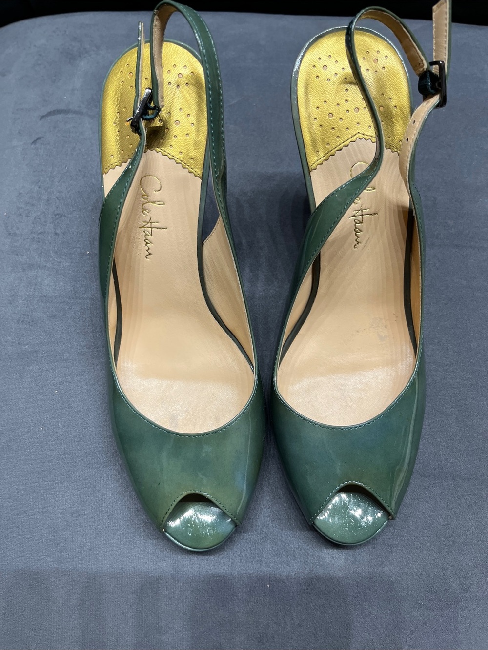 Cole Haan Green Patent Leather Peep-Toe Slingbacks with Gold Insoles